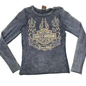 Y2K Harley Davidson Black Acid Wash Graphic Long Sleeve Tee Shirt